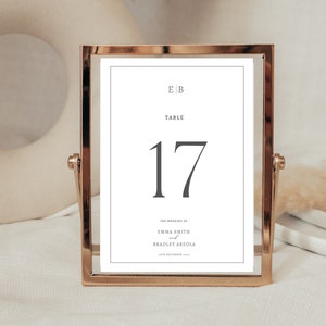 Bruiloft tafelnummer sjabloon, eenvoudig en modern monogram tafelnummers afdrukbaar, minimalistische tafelnummerbordkaarten 5"/7" & 4"/6" Emma
