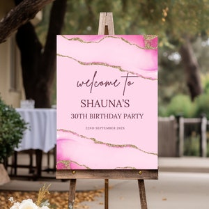 Signo de bienvenida de cumpleaños rosa, descarga digital, 30 40 50 60 o cualquier edad pancarta de fiesta de cumpleaños, decoración, letrero de patio imprimible, cartel 47