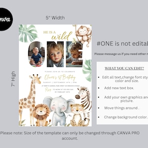 May include: A customizable invitation template for a first birthday, featuring a jungle theme with watercolor illustrations of a giraffe, lion, elephant, zebra, and leopard. The invitation is 5 inches wide and 7 inches high.