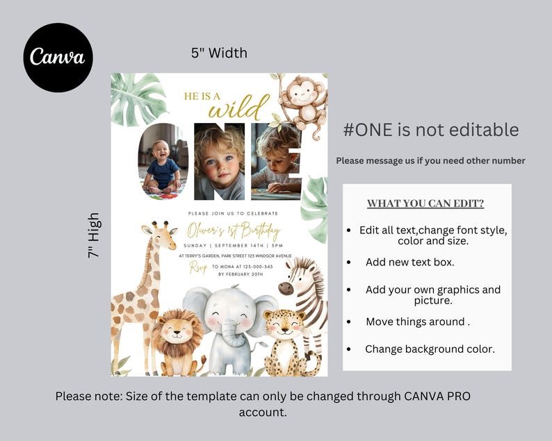 May include: A customizable invitation template for a first birthday, featuring a jungle theme with watercolor illustrations of a giraffe, lion, elephant, zebra, and leopard. The invitation is 5 inches wide and 7 inches high.