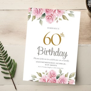 Faire-part 60e anniversaire, invitation anniversaire florale imprimable pour femme adulte, carte d'invitation fête 60e anniversaire de grand-mère roses et verts, 82