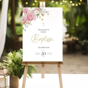 Baptism Welcome Sign Template, Pink Floral and Greenery Design, Christening Welcome sign for Girl Holy Communion, Canva Template  Jana