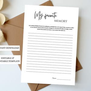 May include: A white printable template with the text "My favorite MEMORY" in black script. The template includes lined spaces for writing and the text "Name" at the bottom. The template is on a brown envelope.