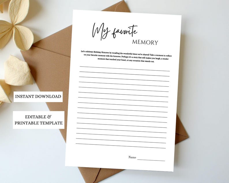 May include: A white printable template with the text "My favorite MEMORY" in black script. The template includes lined spaces for writing and the text "Name" at the bottom. The template is on a brown envelope.