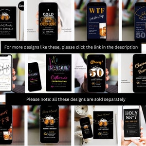 May include: Collection of digital birthday party invitations displayed on smartphones. Designs include beer mugs, whiskey glasses, and celebratory text. The invitations feature various fonts and color schemes, with some including the text "Cheers" and "Happy Birthday".