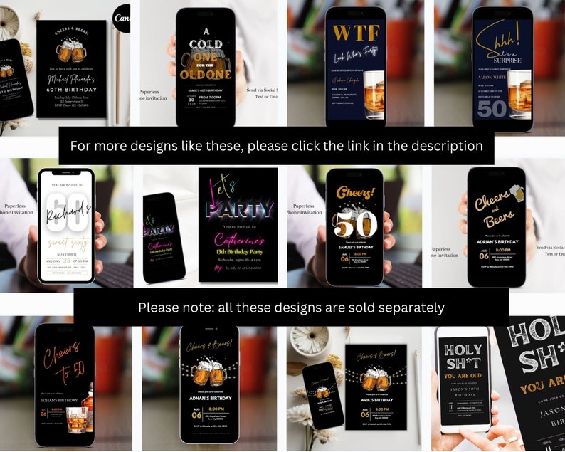 May include: Collection of digital birthday party invitations displayed on smartphones. Designs include beer mugs, whiskey glasses, and celebratory text. The invitations feature various fonts and color schemes, with some including the text "Cheers" and "Happy Birthday".