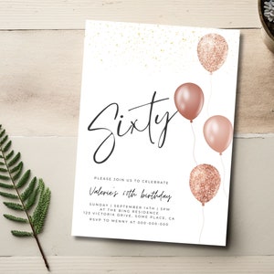 60th Birthday Invitation, White & Rose Gold Birthday Invite For her, Digital Download, Editable  birthday Party Card, Printable or text 121