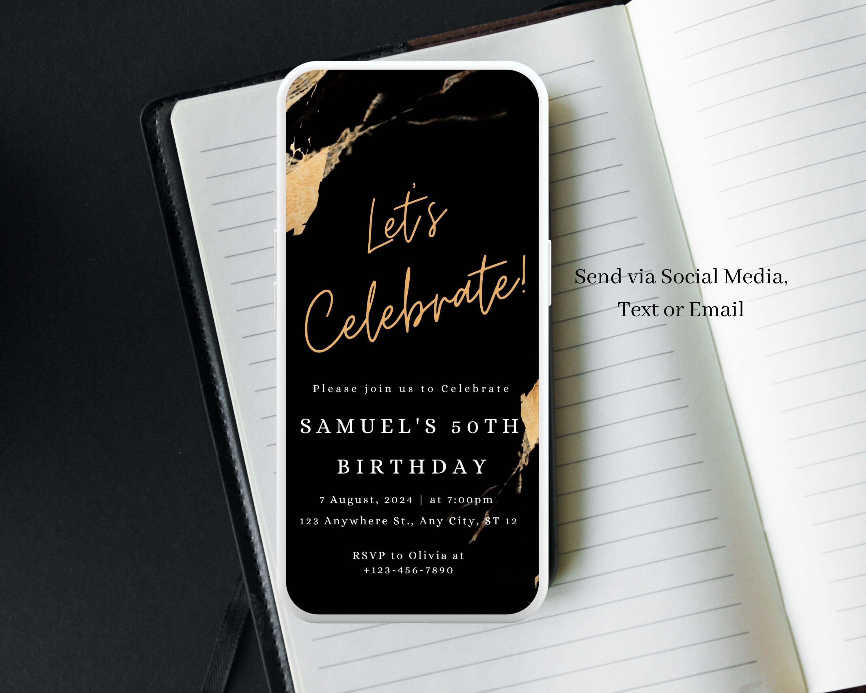 Electronic Birthday Invitation for Men Black & Gold, 30, 40th, 50th ...