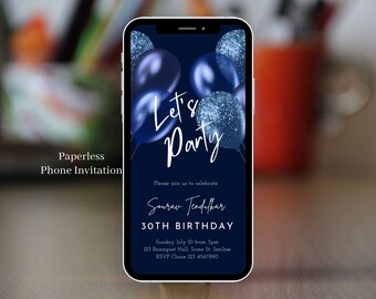 Electronic Let's Party Blue Men's Birthday Invitations Template, Digital 30, 40th, 50th, 60th, 70th birthday invite Adult, Text Invites, 35