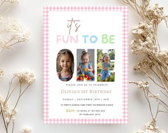 Fun to Be One Photo Birthday Invitation Girl, Editable Printable (Digital Download) - 114