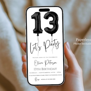 Digitale 13e verjaardagsuitnodiging sjabloon jongen, bewerkbare 13-jarige verjaardag ballonnummer uitnodigen tiener verjaardagsfeestje e-card, telefoon 77