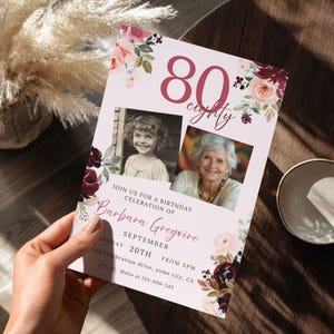 Inviti floreali per l'80° compleanno con foto, invito per l'80° compleanno, download digitale, uomini o donne, modello Canva per biglietti stampabili modificabili 218