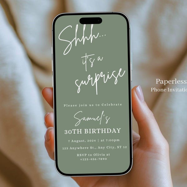 Sage Green Surprise Birthday Invitation, Electronic Text Invite (Digital Canva Template) -213