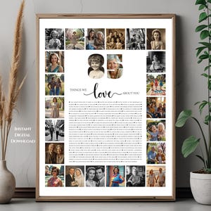 Könnte beinhalten: Ein gerahmter Druck mit einer Collage von Familienfotos in Schwarzweiß und Farbe. Die Worte "Things We Love About You" sind in Schreibschrift geschrieben. Der Druck enthält auch die Worte "Instant Digital Download".