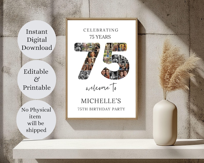 75th Text 75th Birthday Welcome Sign Template | Photo Collage, Editable Canva ...