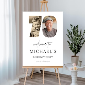 Letrero de cumpleaños número 70, letrero de bienvenida con foto para hombres o mujeres, pancarta de fiesta de descarga digital para él, plantilla de póster editable e imprimible en Canva 62