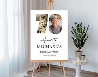 Panneau pour 70e anniversaire, photo de bienvenue pour homme ou femme, bannière de fête en téléchargement numérique pour lui, affiche modifiable et imprimable, modèle 62