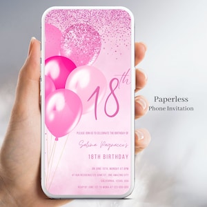 Modèle d'invitation 18e anniversaire, invitation numérique rose 18 ans pour filles ou femmes adultes, ballons et paillettes, invitations texte, toile 135