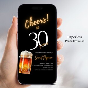 Electronic 30th Birthday Invitation Digital Download, Cheers And Beers Invite, Adult Birthday Invitation For Men or Him, Canva Evite, Sam 46