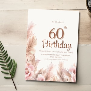 Faire-part 60e anniversaire, invitation bohème herbe de la pampa pour femme, modèle de carte d'anniversaire modifiable, invitation 60e anniversaire imprimable 143