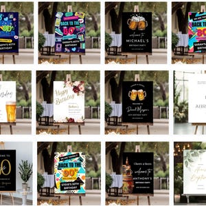 May include: A collection of party signs on wooden easels. The signs feature various designs, including "80's" and "90's" themes, birthday greetings, and event welcome messages. The signs are in various colors and fonts, suitable for different celebrations.