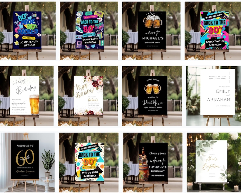 May include: A collection of party signs on wooden easels. The signs feature various designs, including "80's" and "90's" themes, birthday greetings, and event welcome messages. The signs are in various colors and fonts, suitable for different celebrations.