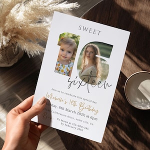 Sweet Sixteen Geburtstagseinladung, Sweet 16 einladen, bearbeitbare Vorlage, Teenager Mädchen Party, digitaler Download, Minimal Foto einladen Canva 69