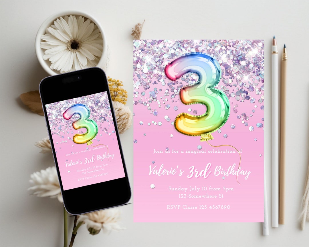 Pink 3rd Birthday Invitation Template: Rainbow Balloon Glitter (digital ...