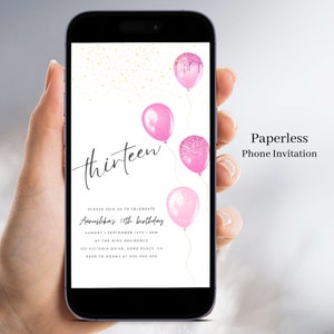Plantilla de invitación de cumpleaños número 13, rosa, descarga digital, cumpleaños de adolescente, plantilla editable, globos y brillos, invitaciones de texto, Canva 29