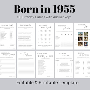 70. Geburtstag Party Spiele Bundle, lustige Party-Aktivitäten für 70. Geburtstagsfeier für Sie 1955 geboren, ältere Frau, Sofort-Download 01