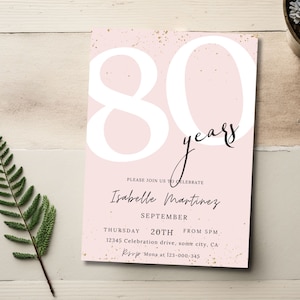 Faire-part 80e anniversaire, invitation d'anniversaire en or rose pour femme, carte d'anniversaire numérique de grand-mère, modèle de toile d'invitation imprimable ou texte, 120
