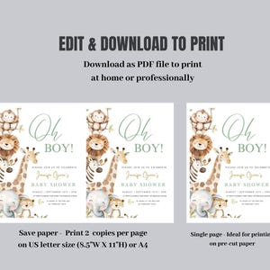Puede incluir: Invitaci&oacute;n a baby shower con ilustraciones de animales de safari, incluyendo un le&oacute;n, una jirafa, una cebra, un elefante y un mono. El texto dice "Oh BOY!" e incluye los detalles del baby shower de Jennifer Ozuna.