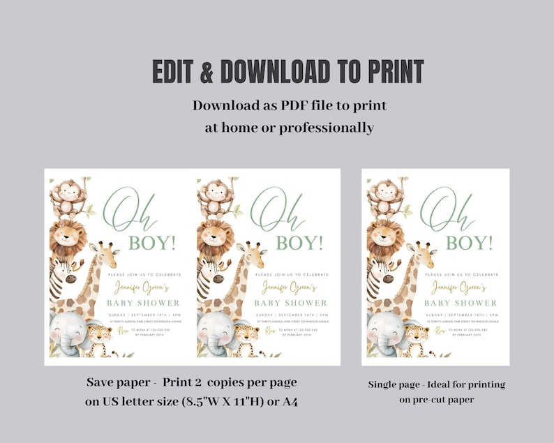Puede incluir: Invitaci&oacute;n a baby shower con ilustraciones de animales de safari, incluyendo un le&oacute;n, una jirafa, una cebra, un elefante y un mono. El texto dice "Oh BOY!" e incluye los detalles del baby shower de Jennifer Ozuna.