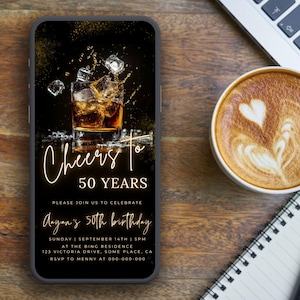 Inviti per il 50° compleanno maschile, download digitale, tema whisky, saluti ai 50 anni, modello modificabile per inviti di qualsiasi età, testo Canva Evite 201