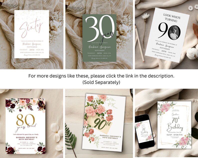 May include: A collection of printable birthday invitation designs featuring floral and minimalist styles. The designs include various ages, such as 60, 30, 90, 80, and 70. The invitations are perfect for celebrating a special birthday.