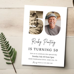May include: A white invitation card with the text "Ricky Ponting IS TURNING 50". The number 50 is formed by two photos, one of a young boy and the other of an older man. The card includes event details.