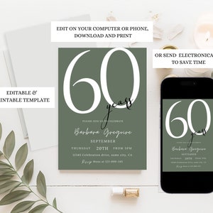 60th Birthday Invitation, Sage Green Birthday Invitation Template,Adult Birthday Invitation Card,60th Birthday Invite, Printable or Text 113 image 2