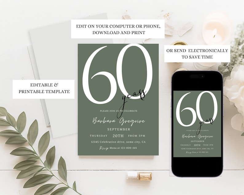 60th Birthday Invitation, Sage Green Birthday Invitation Template,Adult Birthday Invitation Card,60th Birthday Invite, Printable or Text 113 image 2