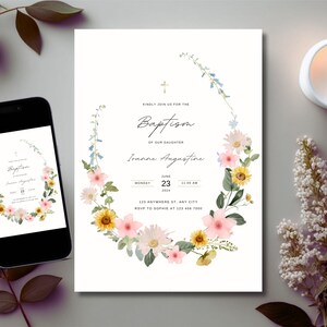 Modèle d'invitation de baptême fille fleurs sauvages, téléchargement numérique, couronne de fleurs rustiques roses, identifiants de carte d'invitation de baptême modifiables, Canva 23