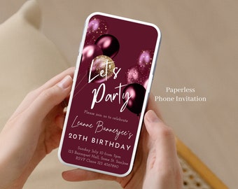 Digital Let's Party Burgundy and Gold Birthday Invitation For Adults Of Any Age, Editable Burgundy Balloon Women Birthday Invite Lea, 37