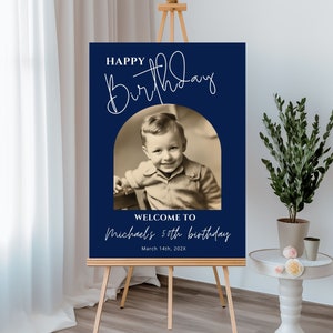 Alles Gute zum Geburtstag Willkommensschild mit Foto Marineblau 40er 50er 60er 70er 80er oder jedes Alter Geburtstagsbanner Bearbeitbares Partydekor Canva Vorlage, 32
