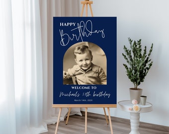 Happy Birthday Welcome Sign With Photo Navy Blue 40th 50th 60th 70th 80th or Any Age Birthday Banner Editable Party Decor Canva Template, 32
