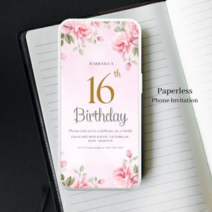 16.Geburtstags-Einladung, rosa Blumen, Sweet 16-Geburtstags-Party Einladung Vorlage, Teenager-Mädchen-Geburtstag, Text einladen, Canva 20