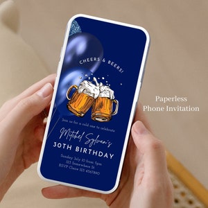 Convite eletrônico de aniversário adulto para homens, balão azul marinho digital editável, festa de aniversário masculina, qualquer idade 33 anos