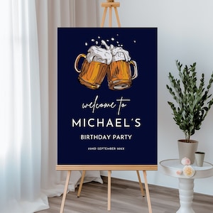 Modello di cartello di benvenuto per compleanno, blu navy, cartello modificabile per feste di saluti e birre per uomini, poster stampabile per feste di birra per adulti, Canva 23