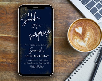 Electronic Blue Surprise Birthday Invitation Template For Men, Digital Surprise Birthday Party Invite, Shh..It&#39;s a Surprise, Evite  Sam 54
