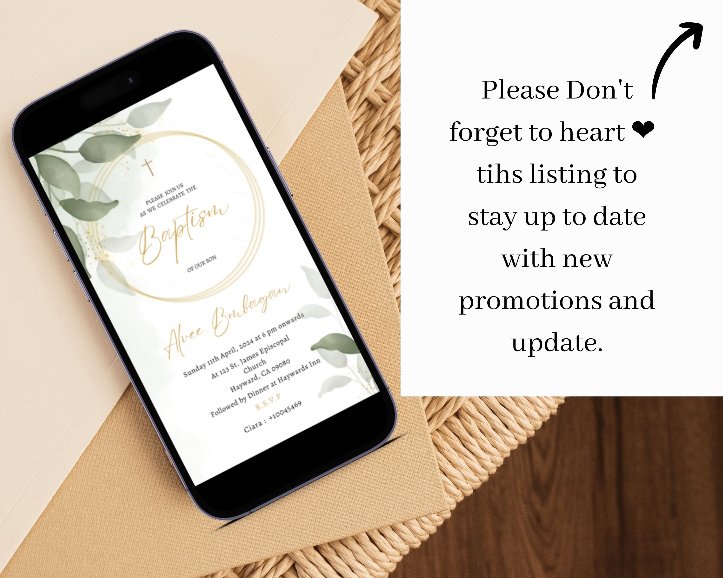 Electronic Baptism Invitation Template Boy Greenery Leaves, Digital