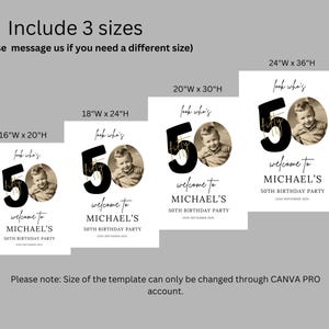 May include: Three different sizes of a 50th birthday party sign with a black and gold design. The sign features a photo of the birthday person and the text "look who's 50" with gold glitter accents. The text "welcome to Michael's 50th Birthday Party" is also included.