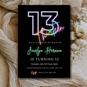 13. Geburtstagseinladung Mädchen, Neon Geburtstag lädt ein, Regenbogen Teenager Geburtstagsparty Vorlage, digitaler Download, Printable oder Text Canva 46