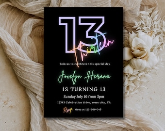 May include: A black and white birthday invitation with a neon pink, green, blue, and orange number 13. The text "Jocelyn Herana is turning 13" is written in a neon green font. The invitation includes the date, time, and address for the party. RSVP information is included at the bottom of the invitation.